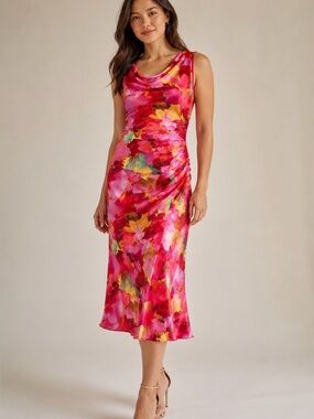 Bebe Watercolor Floral Satin Midi Dress XL NWT Ruched Cowl Neck